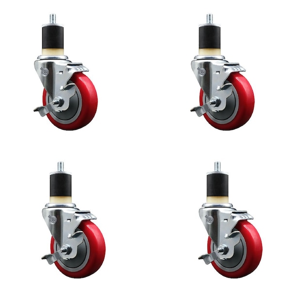 Service Caster 4'' Red Poly Swivel 1-7/8'' Expanding Stem Caster Set with Brake, 4PK SCC-EX20S414-PPUB-RED-TLB-178-4 - main
